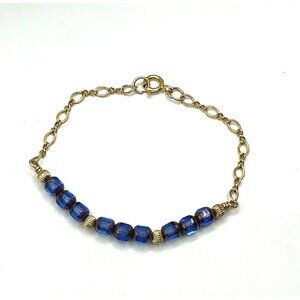 Gold Chain Bracelet With Blue Glass Beads and 14 KT GF Gold Accents